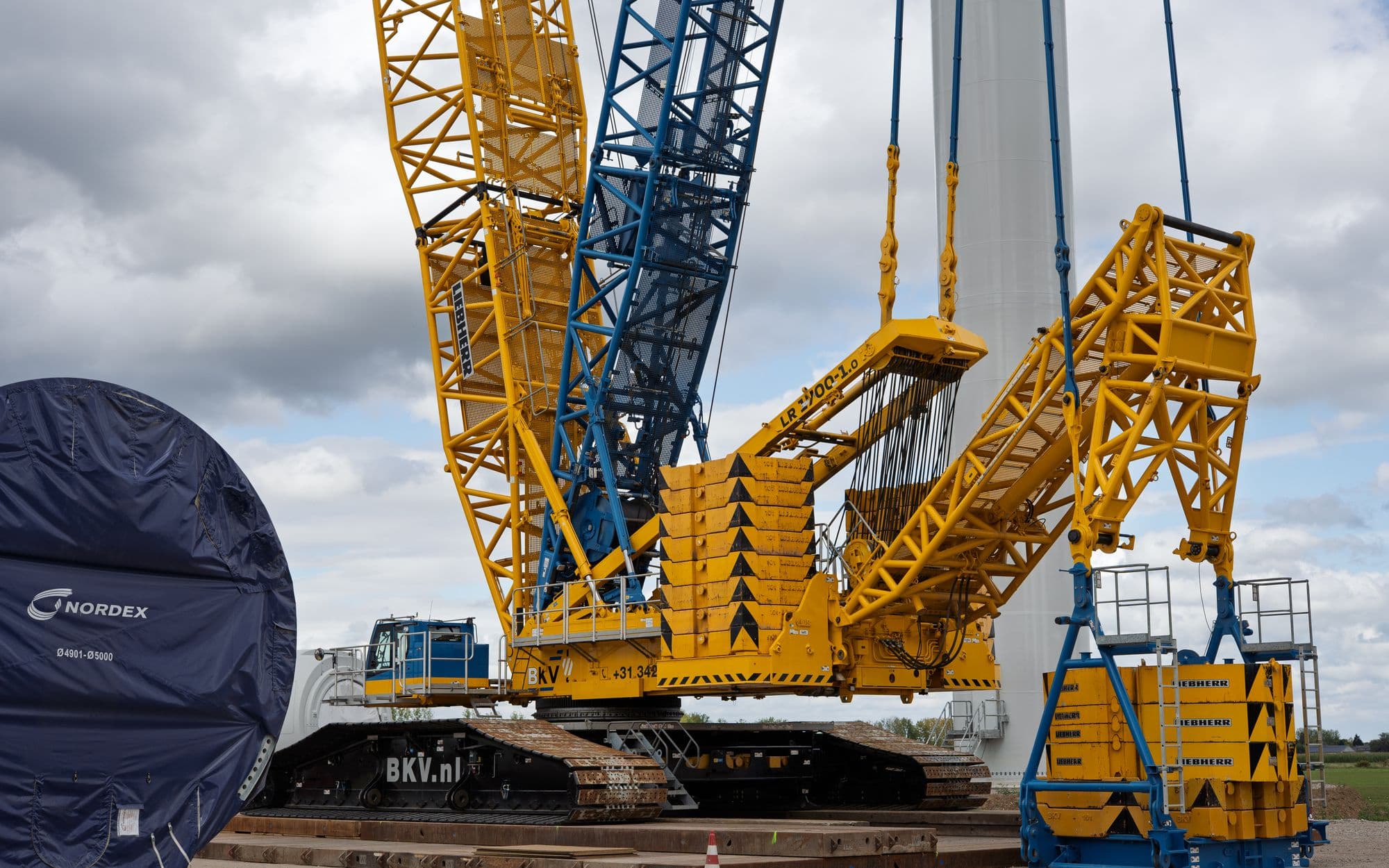 Liebherr crawler crane assembling a wind turbine